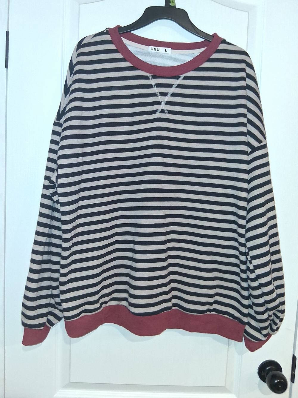 Striped Crewneck Sweater with Burgundy Trim